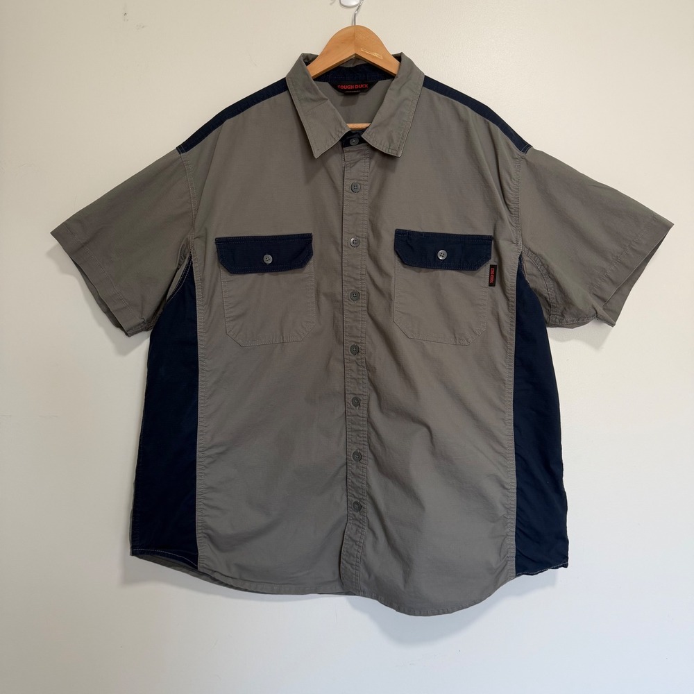 Tough Duck Ripstop Work Shirt Mens 2XL Gray Navy Blue Short Sleeve Utility